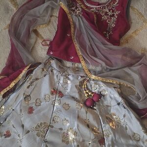 Embroidered Two-Piece Ethnic Dress in Magenta & Silver